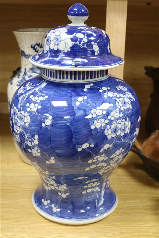 A large 19th century Chinese blue and white vase and cover and a crackle glaze dragon vase tallest 42cm
